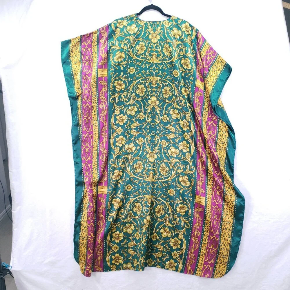 Winlar Multicolor Colorful Bold Boho Satin Floral Moo Moo Kaftan Maxi Dress - Picture 8 of 10